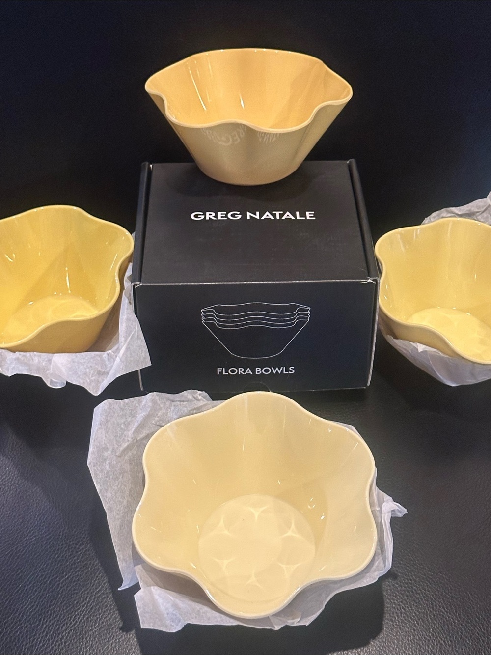 New! Greg Natalie / FLORAL BOWL OMBRE YELLOW, SET OF 4 / new in box